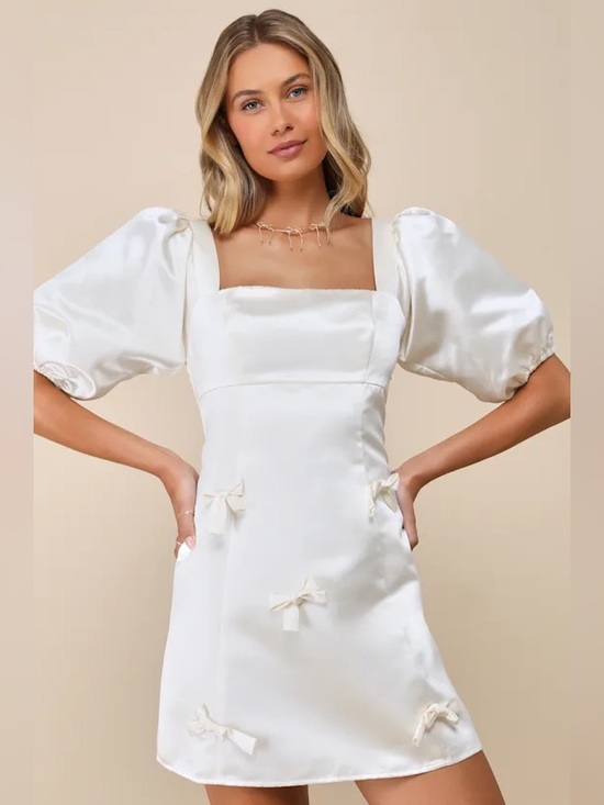 Lulus Dresses & Skirts - NWOT Lulus XL Champagne Lovely Simplicity Satin Puff Sleeve Bow Mini Dress FLAWS